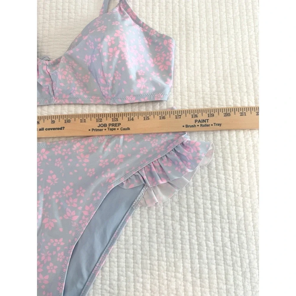 HM Pink Floral Ruffle Bikini Set Blue High Waist Two Piece Swimsuit Womens 16